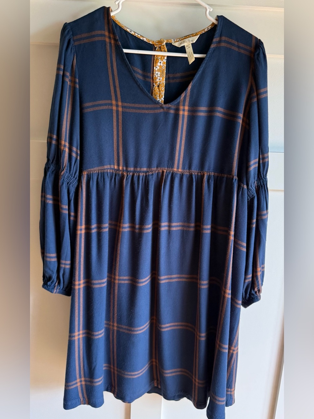 Matilda Jane “Just Imagine Silvi”Navy and Gold Plaid Midi Dress